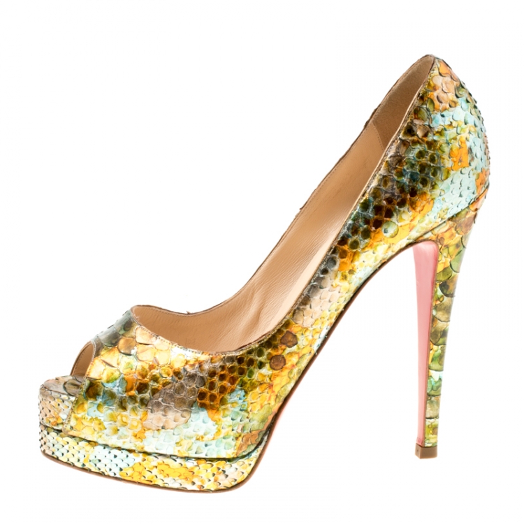 Pre Owned Christian Louboutin Multicolor Python Leather Troca Altareva Lady Peep Toe Platform Pumps Size 37.5