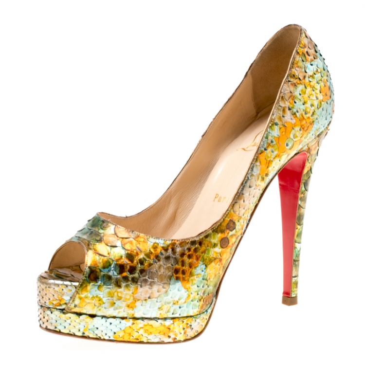Pre Owned Christian Louboutin Multicolor Python Leather Troca Altareva Lady Peep Toe Platform Pumps Size 37.5