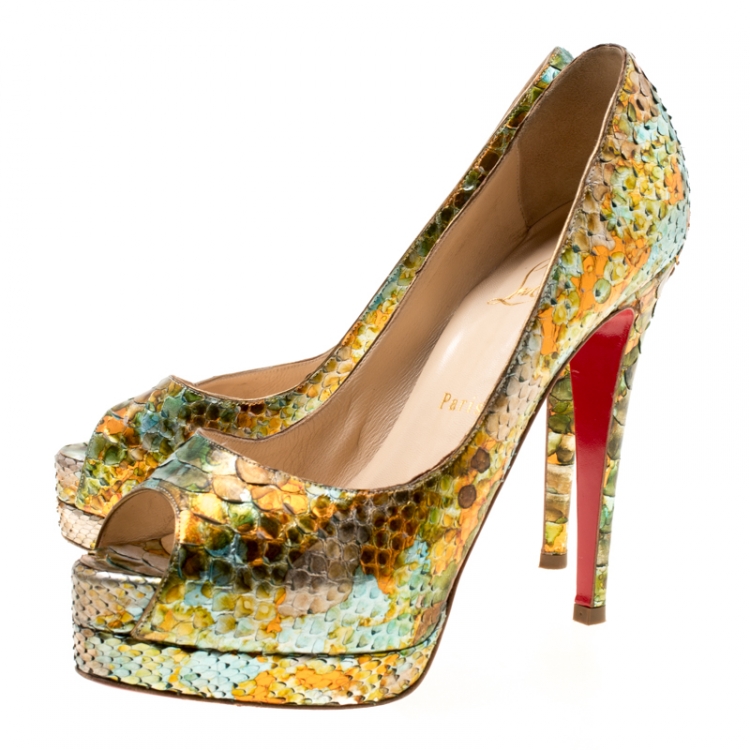 Pre Owned Christian Louboutin Multicolor Python Leather Troca Altareva Lady Peep Toe Platform Pumps Size 37.5