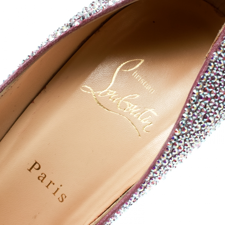 Pre Owned Christian Louboutin Metallic Crystal Embellished Lady Peep Toe Aurora Boreale Platform Pumps Size 40