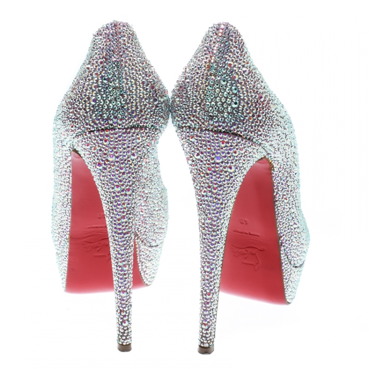 Pre Owned Christian Louboutin Metallic Crystal Embellished Lady Peep Toe Aurora Boreale Platform Pumps Size 40