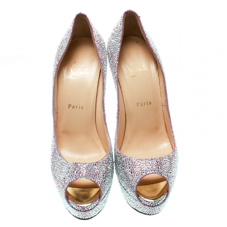 Pre Owned Christian Louboutin Metallic Crystal Embellished Lady Peep Toe Aurora Boreale Platform Pumps Size 40