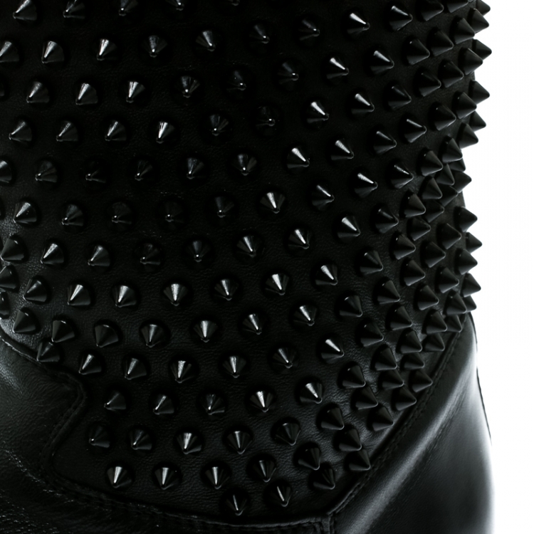 Pre Owned  Christian Louboutin Black Leather Surlapony Spiked Mid Calf Boots Size 38