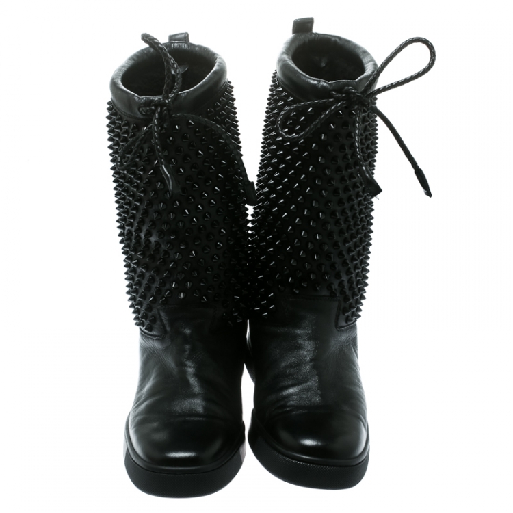 Pre Owned  Christian Louboutin Black Leather Surlapony Spiked Mid Calf Boots Size 38