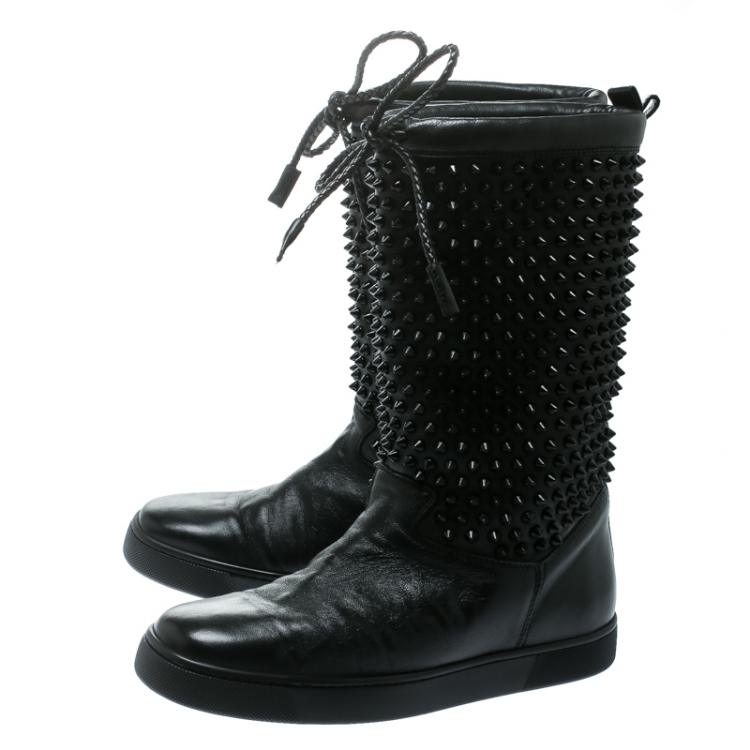 Pre Owned  Christian Louboutin Black Leather Surlapony Spiked Mid Calf Boots Size 38
