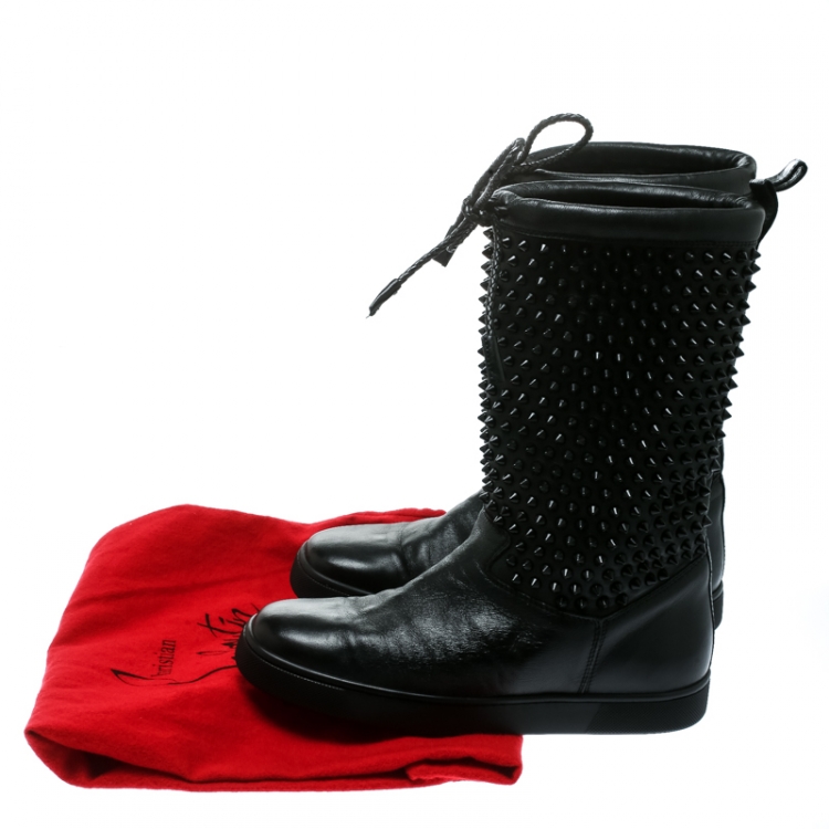 Pre Owned  Christian Louboutin Black Leather Surlapony Spiked Mid Calf Boots Size 38