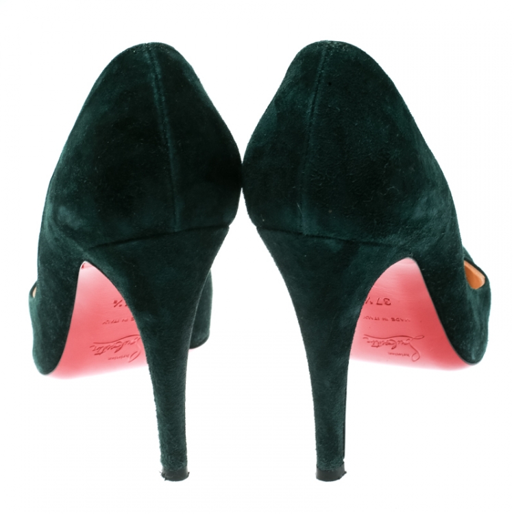 Pre Owned Christian Louboutin Green Suede Particule Square Toe Pumps Size 37.5