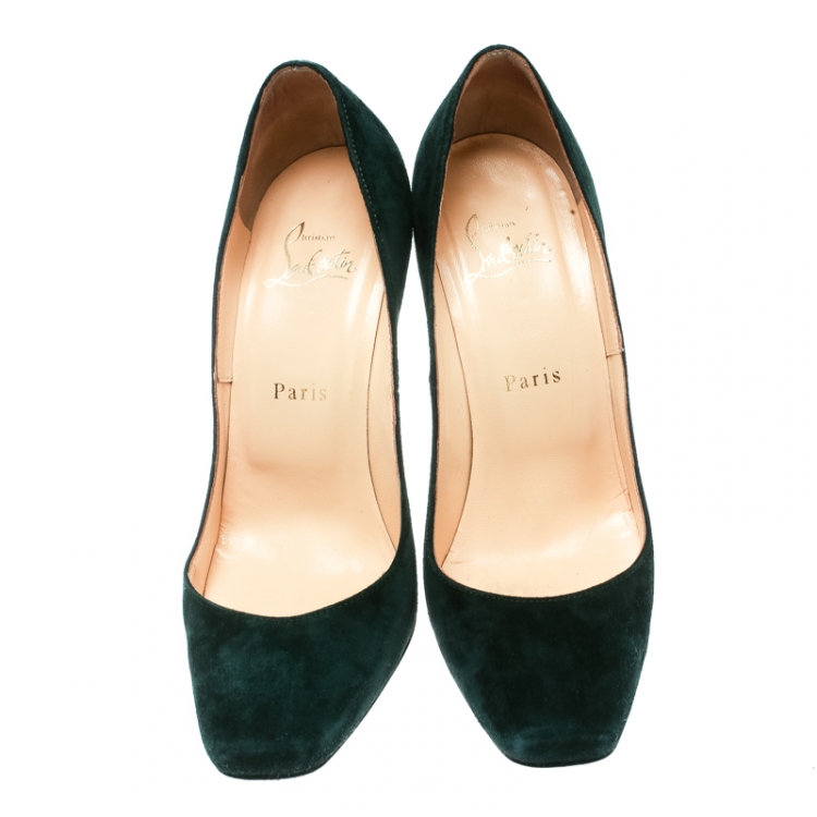 Pre Owned Christian Louboutin Green Suede Particule Square Toe Pumps Size 37.5