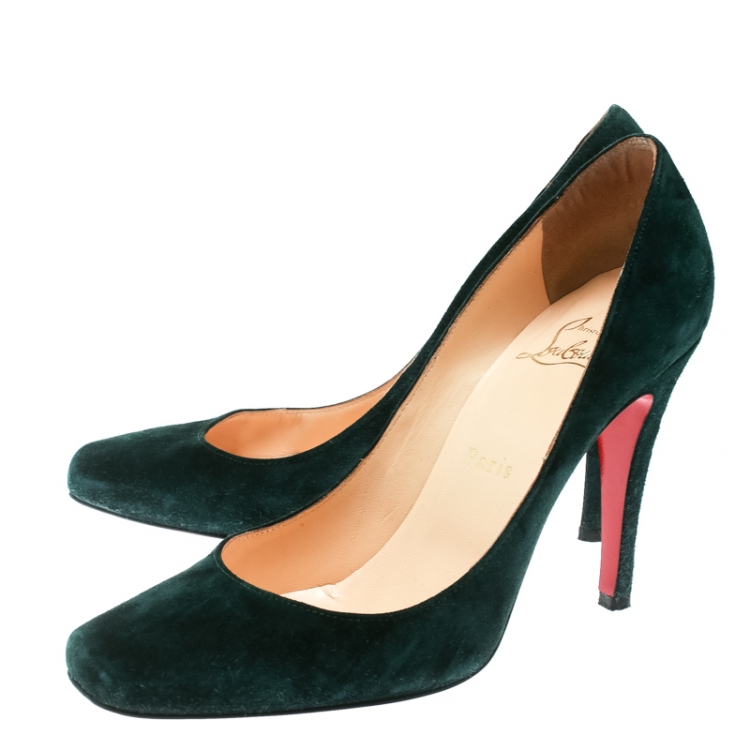 Pre Owned Christian Louboutin Green Suede Particule Square Toe Pumps Size 37.5