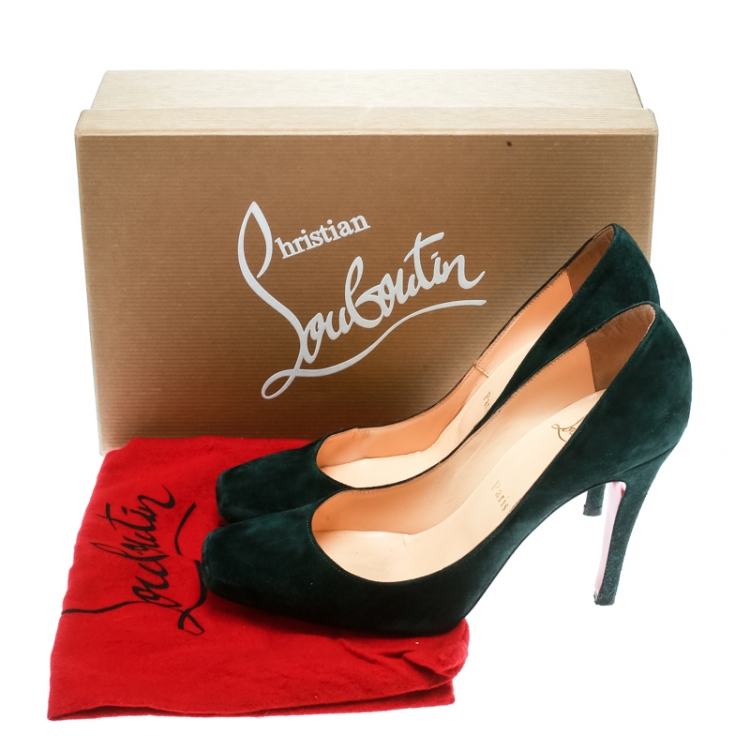 Pre Owned Christian Louboutin Green Suede Particule Square Toe Pumps Size 37.5