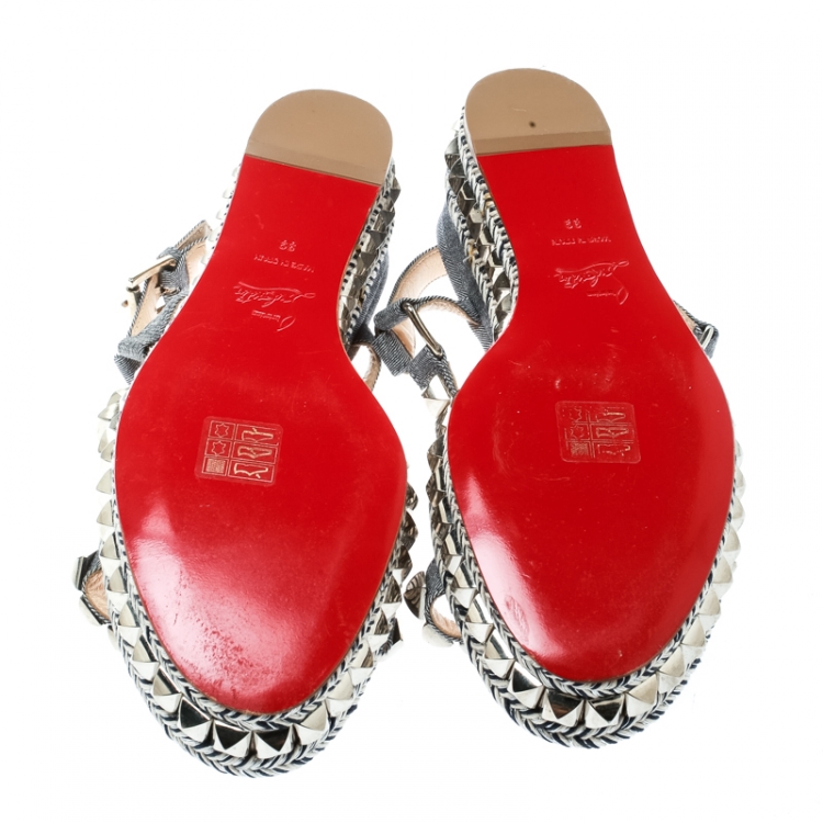 Pre Owned Christian Louboutin Light Blue Canvas Pyraclou Studded Ankle Strap Platform Sandals Size 39