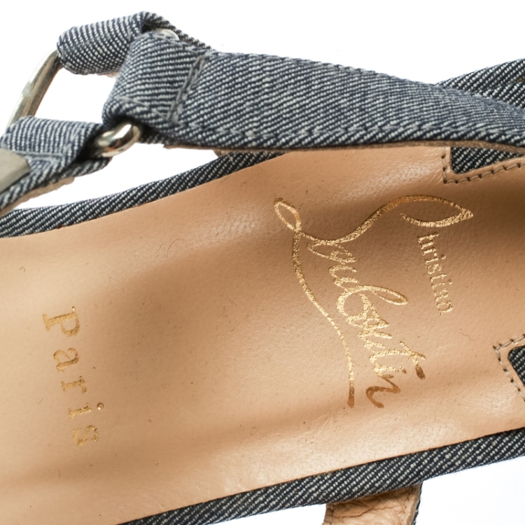 Pre Owned Christian Louboutin Light Blue Canvas Pyraclou Studded Ankle Strap Platform Sandals Size 39