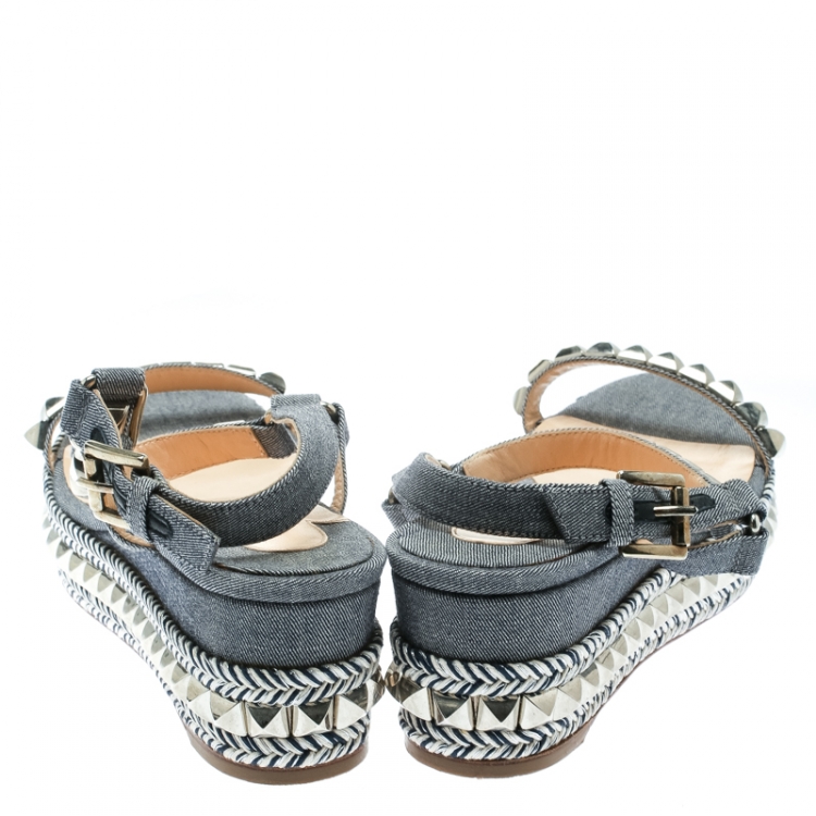 Pre Owned Christian Louboutin Light Blue Canvas Pyraclou Studded Ankle Strap Platform Sandals Size 39