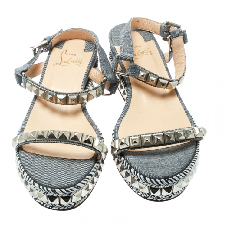 Pre Owned Christian Louboutin Light Blue Canvas Pyraclou Studded Ankle Strap Platform Sandals Size 39