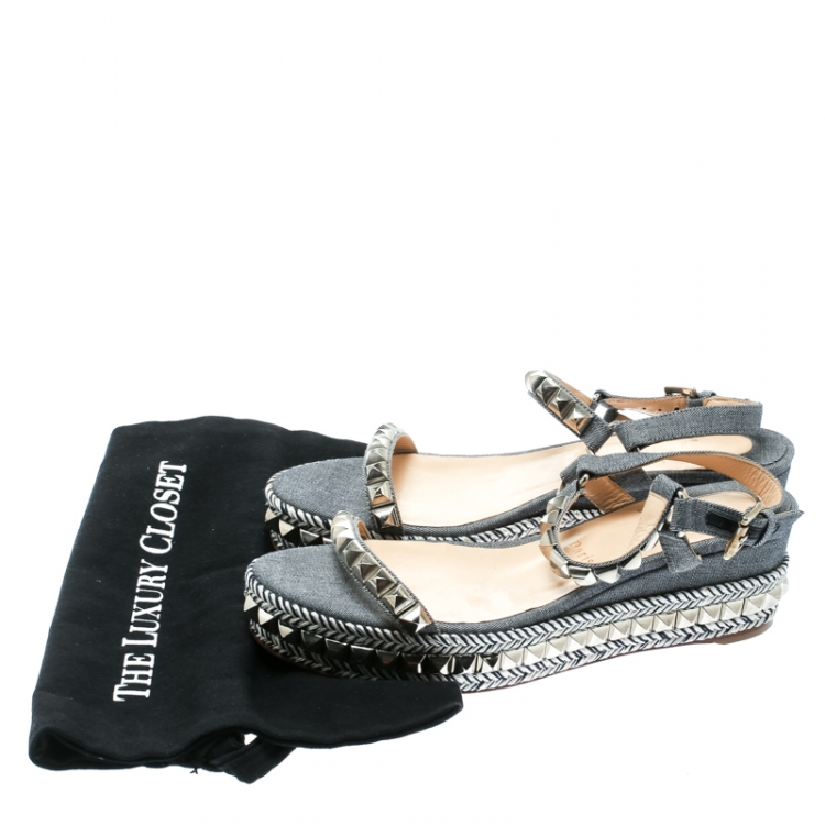 Pre Owned Christian Louboutin Light Blue Canvas Pyraclou Studded Ankle Strap Platform Sandals Size 39