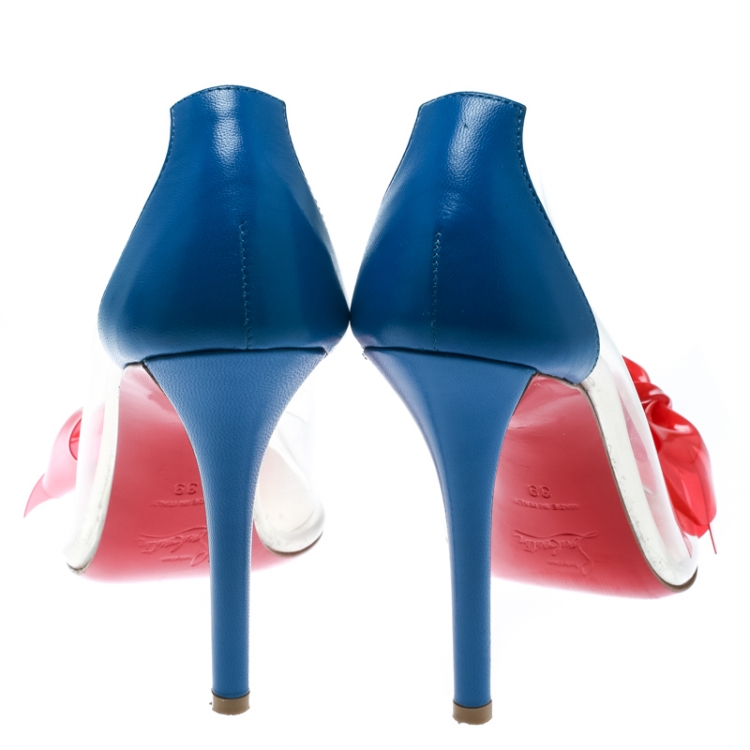 Pre Owned Christian Louboutin Blue Leather With Red PVC Bow Tip Peep Toe Pumps Size 39