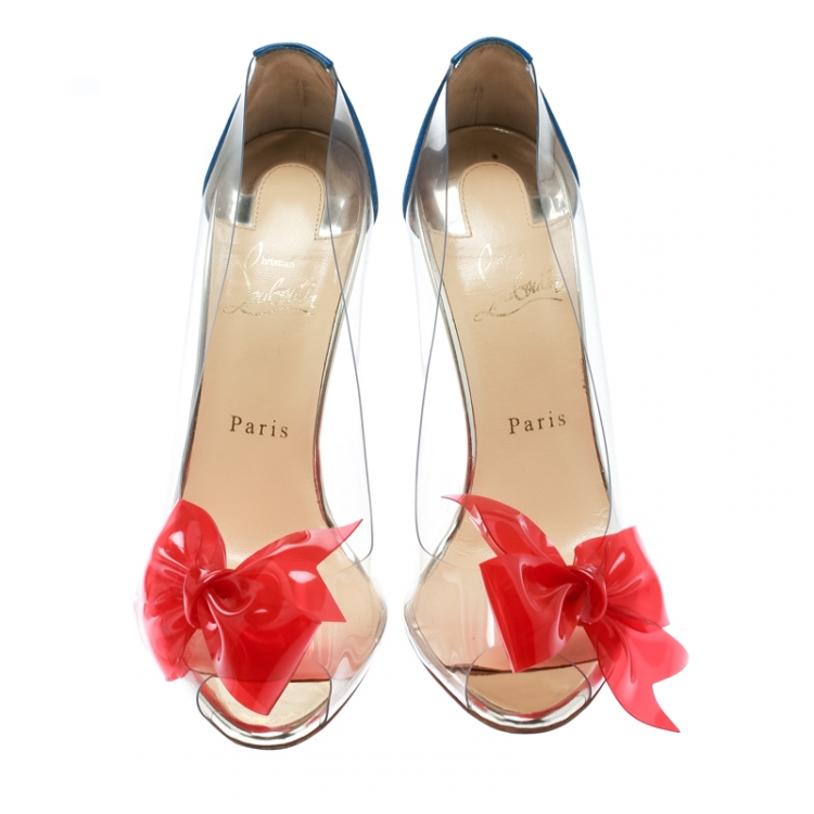 Pre Owned Christian Louboutin Blue Leather With Red PVC Bow Tip Peep Toe Pumps Size 39