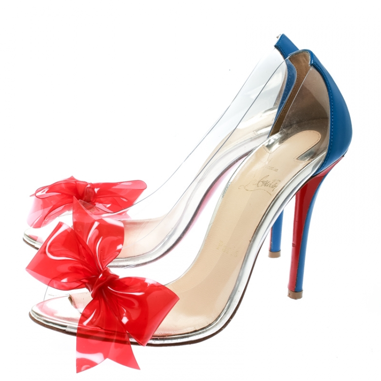 Pre Owned Christian Louboutin Blue Leather With Red PVC Bow Tip Peep Toe Pumps Size 39