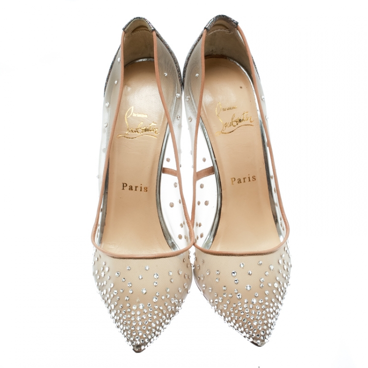Pre Owned Christian Louboutin Beige Crystal Embellished Mesh Follies Strass Glitter Heel Pointed Toe Pumps Size 38.5