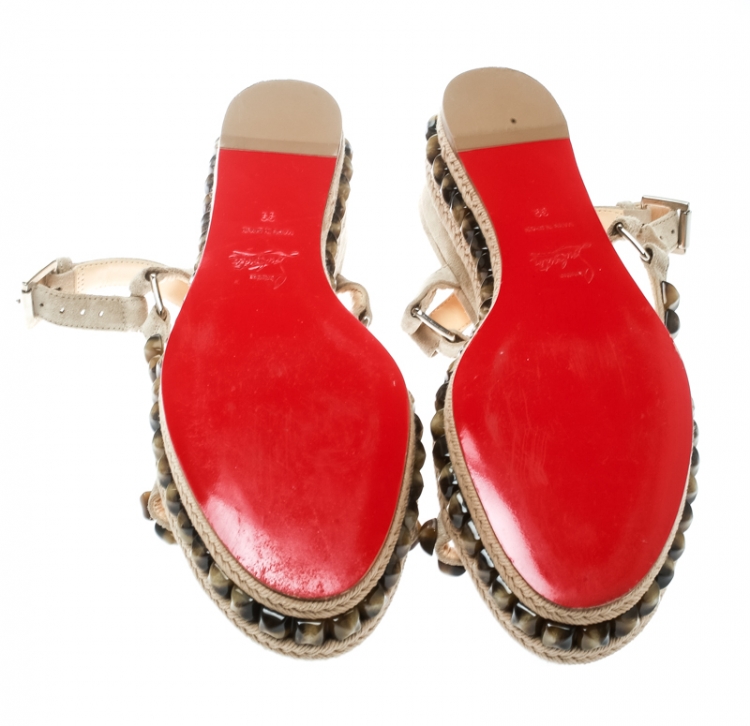 Pre Owned Christian Louboutin Beige Suede Studded Cataclou Espadrille Wedge Sandals Size 39