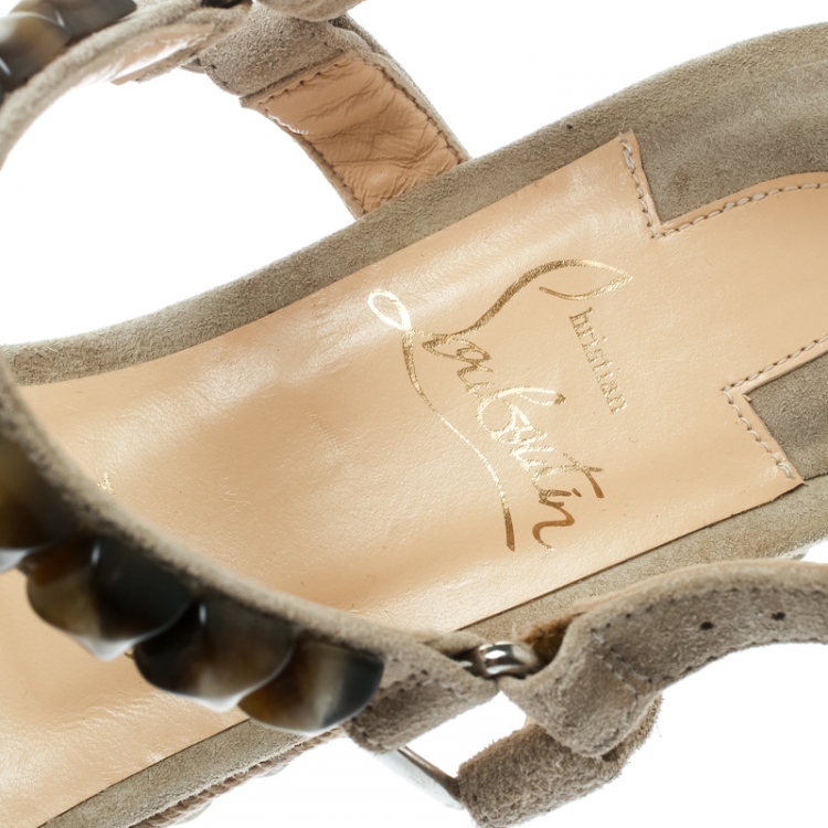 Pre Owned Christian Louboutin Beige Suede Studded Cataclou Espadrille Wedge Sandals Size 39