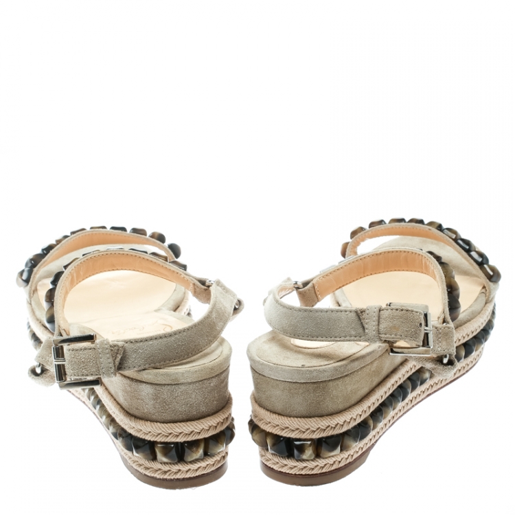 Pre Owned Christian Louboutin Beige Suede Studded Cataclou Espadrille Wedge Sandals Size 39