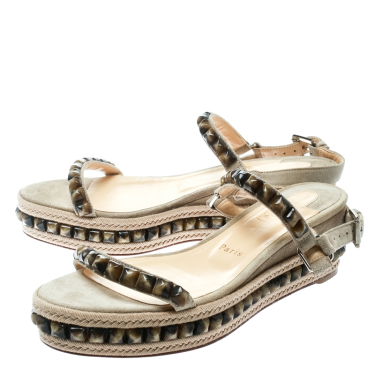 Pre Owned Christian Louboutin Beige Suede Studded Cataclou Espadrille Wedge Sandals Size 39