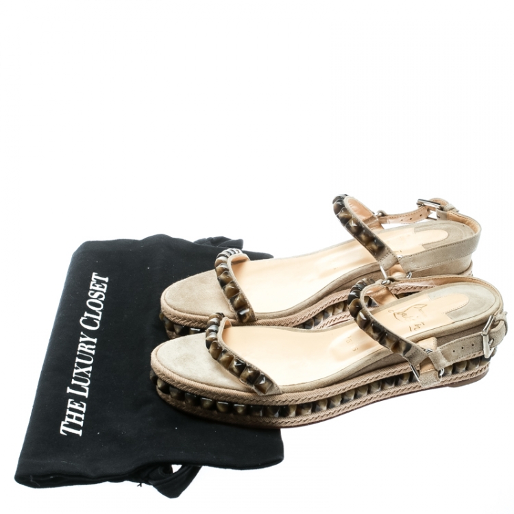 Pre Owned Christian Louboutin Beige Suede Studded Cataclou Espadrille Wedge Sandals Size 39