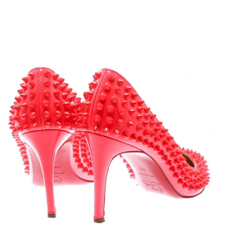 Pre Owned Christian Louboutin Neon Coral Patent Leather Pigalle Spikes Pumps Size 38