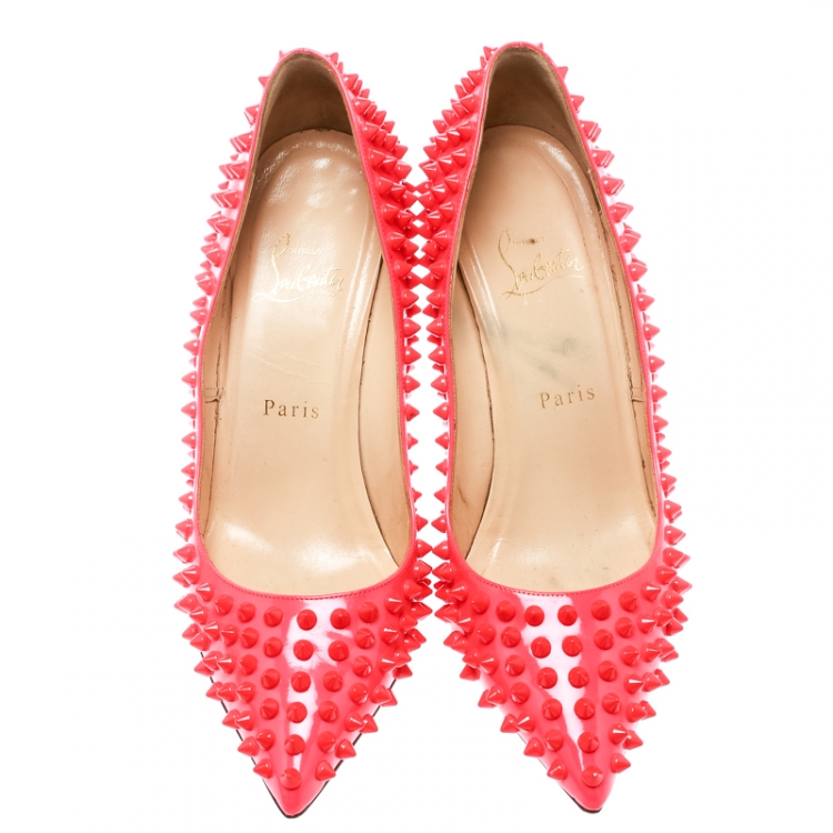 Pre Owned Christian Louboutin Neon Coral Patent Leather Pigalle Spikes Pumps Size 38