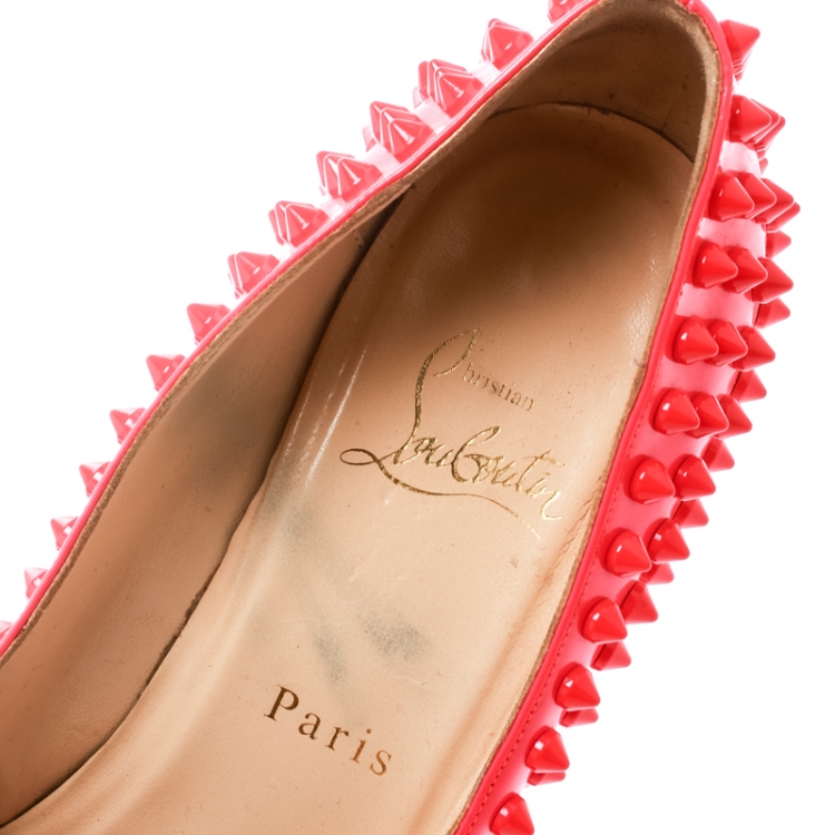 Pre Owned Christian Louboutin Neon Coral Patent Leather Pigalle Spikes Pumps Size 38