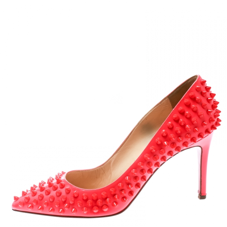 Pre Owned Christian Louboutin Neon Coral Patent Leather Pigalle Spikes Pumps Size 38