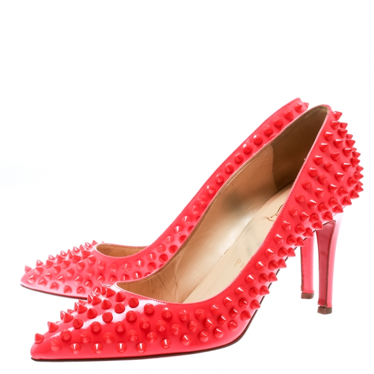 Pre Owned Christian Louboutin Neon Coral Patent Leather Pigalle Spikes Pumps Size 38