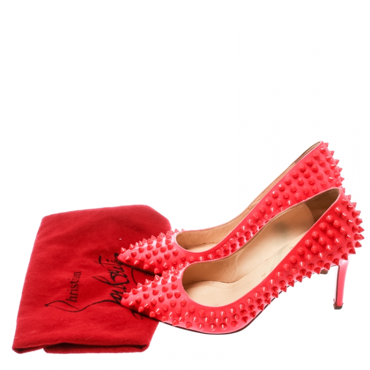 Pre Owned Christian Louboutin Neon Coral Patent Leather Pigalle Spikes Pumps Size 38