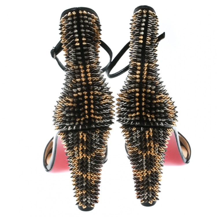 Pre Owned Christian Louboutin Black Leather Tropanita Spiked Sandals Size 36.5