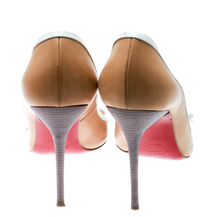 Pre Owned Christian Louboutin Beige/White Leather Beauty Pumps Size 38.5