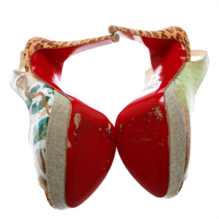 Pre Owned Christian Louboutin Beige PVC Eco Trash Peep Toe Platform Slingback Sandals 40