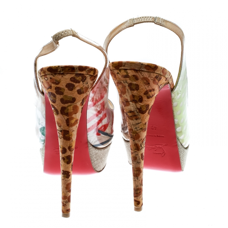 Pre Owned Christian Louboutin Beige PVC Eco Trash Peep Toe Platform Slingback Sandals 40