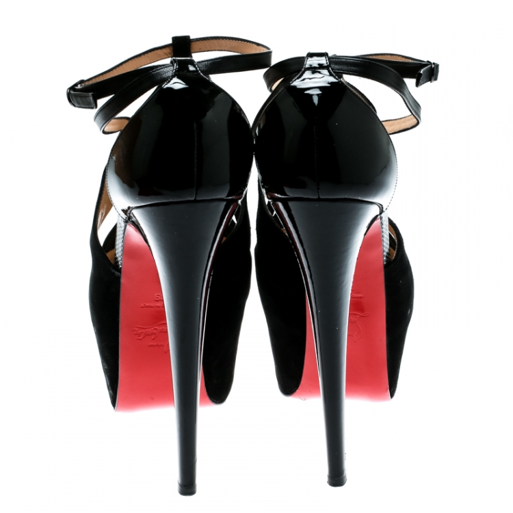 Pre Owned Christian Louboutin Black Suede/Braided Leather Carlota Cut Out Peep Toe Sandals Size 39