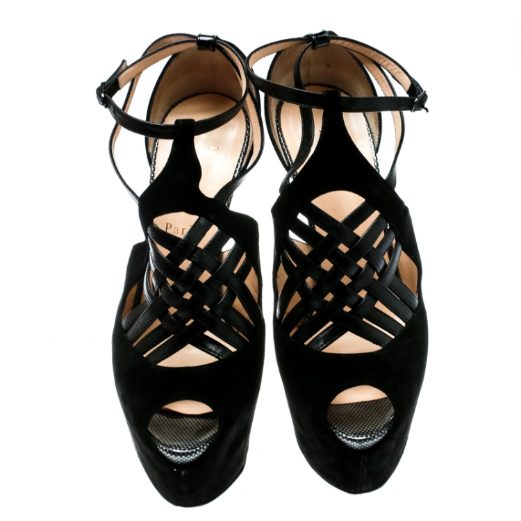 Pre Owned Christian Louboutin Black Suede/Braided Leather Carlota Cut Out Peep Toe Sandals Size 39