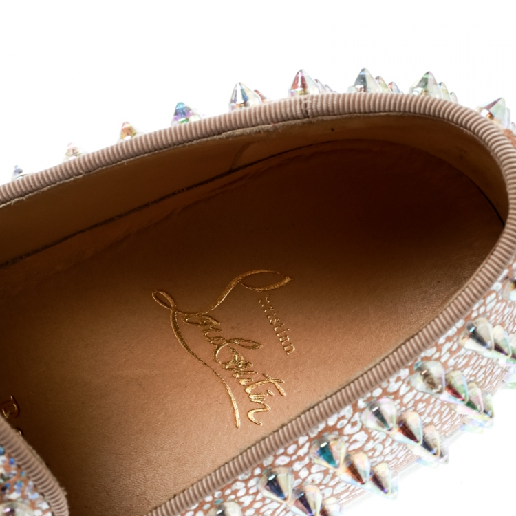 Pre Owned Christian Louboutin Beige Glitter Suede Roller Boat Spiked Slip On Sneakers Size 37