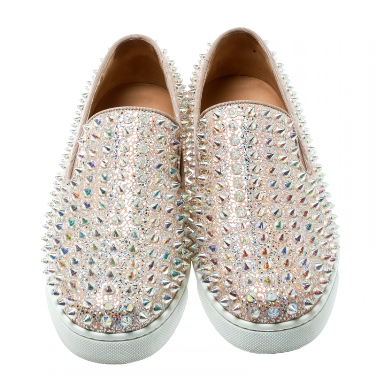 Pre Owned Christian Louboutin Beige Glitter Suede Roller Boat Spiked Slip On Sneakers Size 37