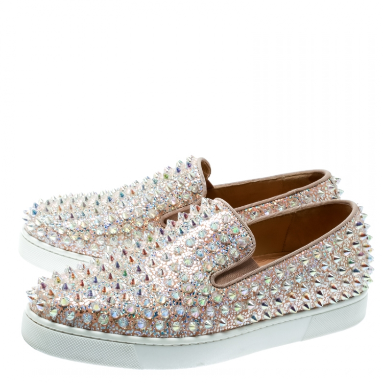 Pre Owned Christian Louboutin Beige Glitter Suede Roller Boat Spiked Slip On Sneakers Size 37