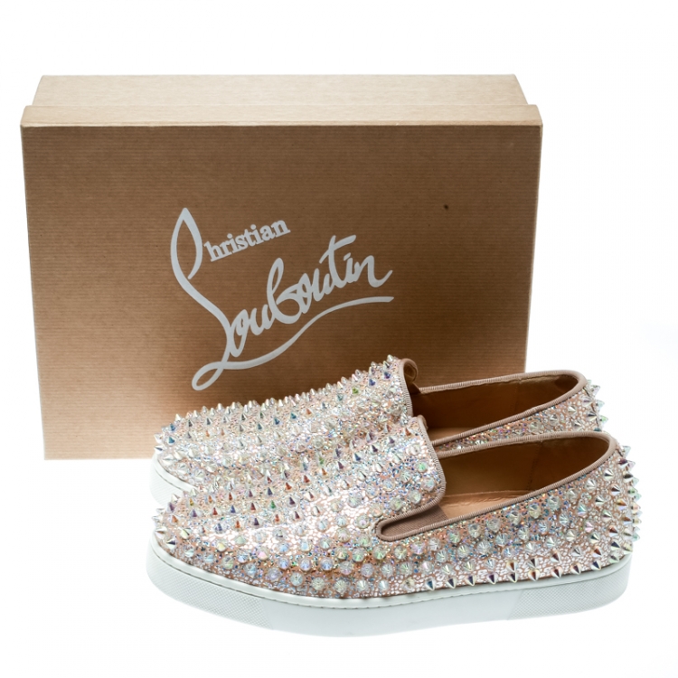 Pre Owned Christian Louboutin Beige Glitter Suede Roller Boat Spiked Slip On Sneakers Size 37