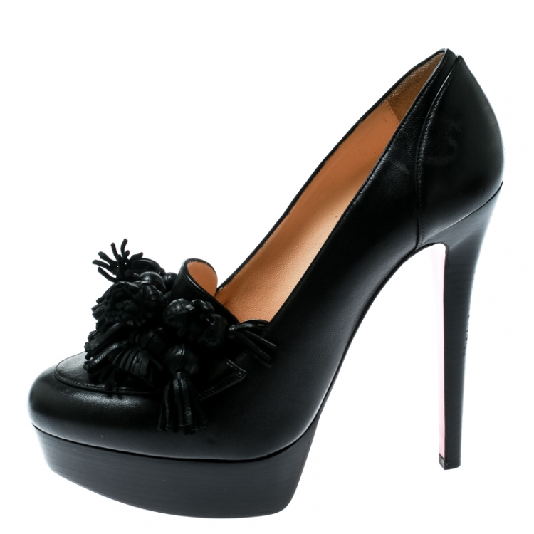 Pre Owned Christian Louboutin Black Leather Agence Tasseled Detail Platform Loafer Pumps Size 37