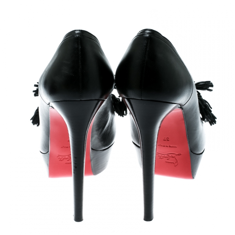 Pre Owned Christian Louboutin Black Leather Agence Tasseled Detail Platform Loafer Pumps Size 37
