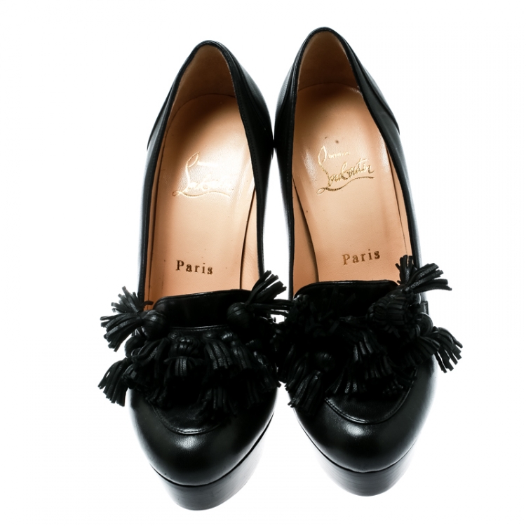 Pre Owned Christian Louboutin Black Leather Agence Tasseled Detail Platform Loafer Pumps Size 37
