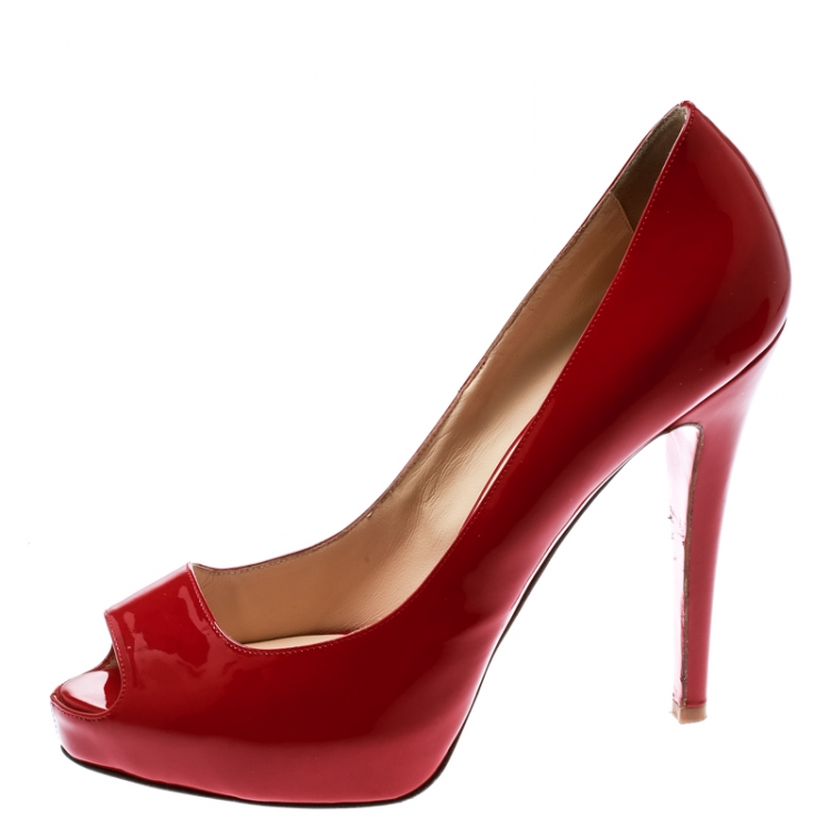 Pre Owned Christian Louboutin Red Patent Leather Peep Toe Platform Pumps Size 39.5