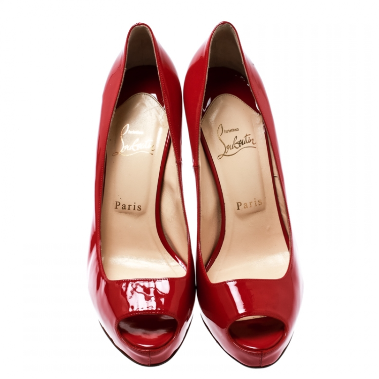 Pre Owned Christian Louboutin Red Patent Leather Peep Toe Platform Pumps Size 39.5