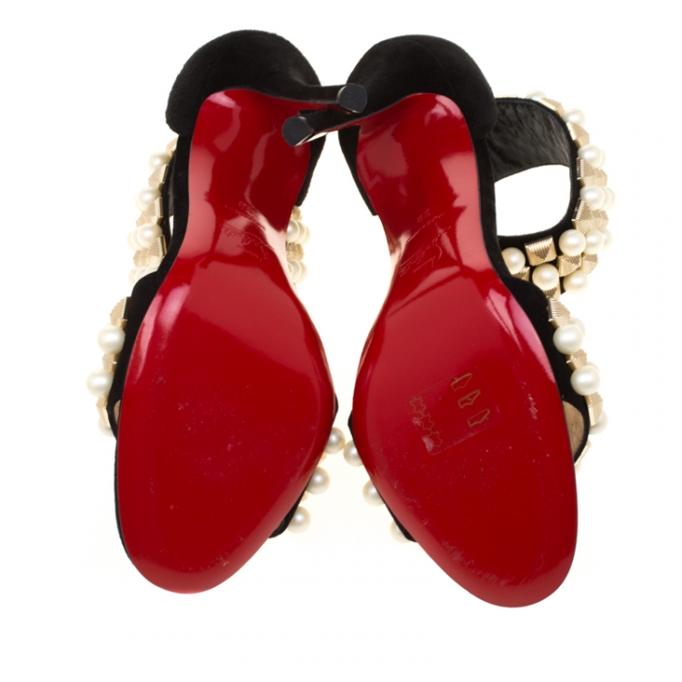 Pre Owned Christian Louboutin Black Suede Tudor Embellished Ankle Cuff Open Toe Sandals Size 38